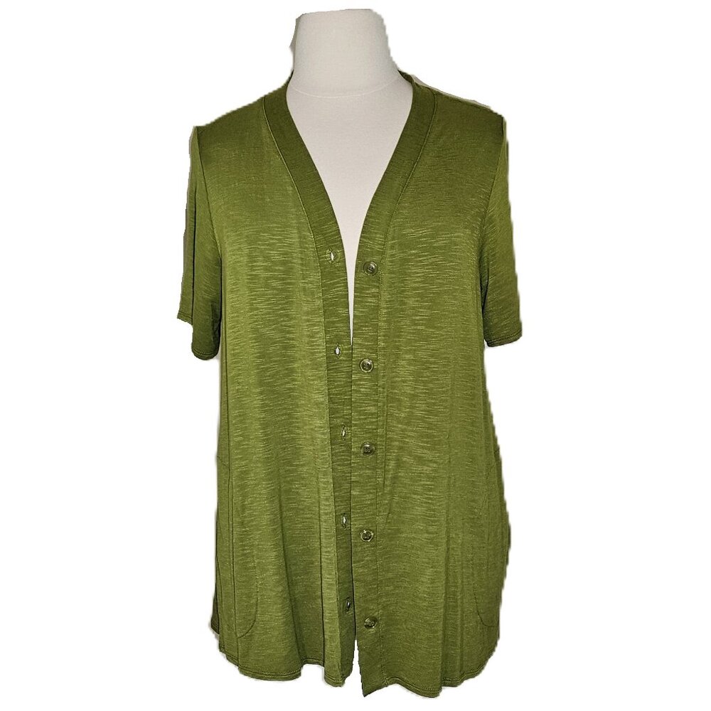 Susan Graver Weekend Textured Jersey Knit Button Front Cardigan 1X Desert Green